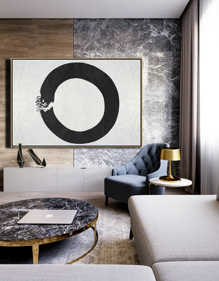 Hand Painted Aclylic Painting On Canvas,Oversized Horizontal Circle Minimal Art On Canvas, Black And White Minimalist Geometric Painting - Big Art Canvas